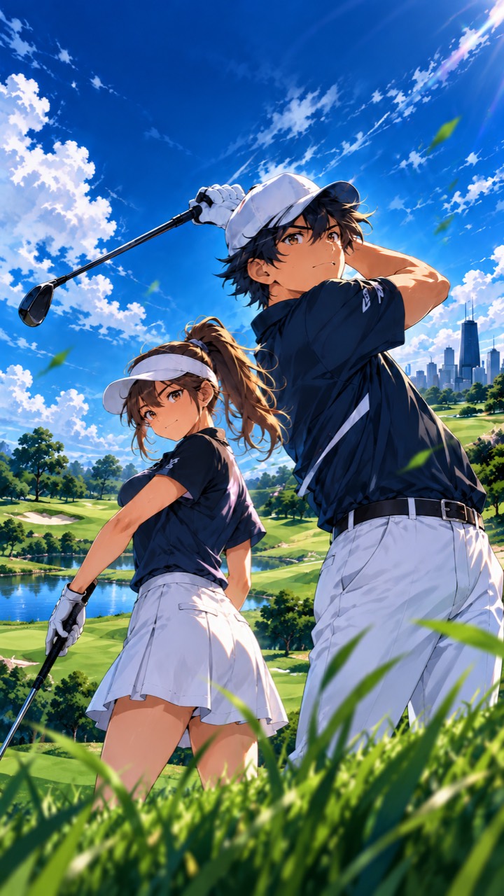 Zwei Anime-Golfer auf einem Golfplatz vor der Chicago-Skyline